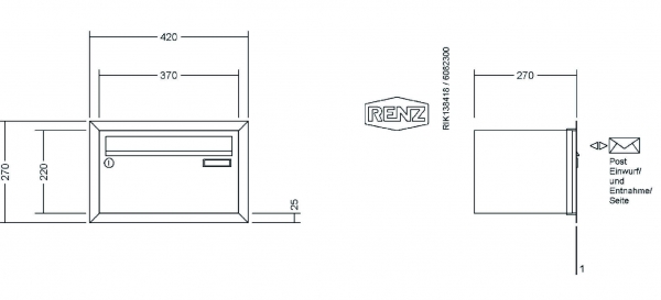 RENZ Briefkastenanlage Unterputz, Eckrahmen, Edelstahl V4A, Kastenformat 370x220x270mm, 1-teilig